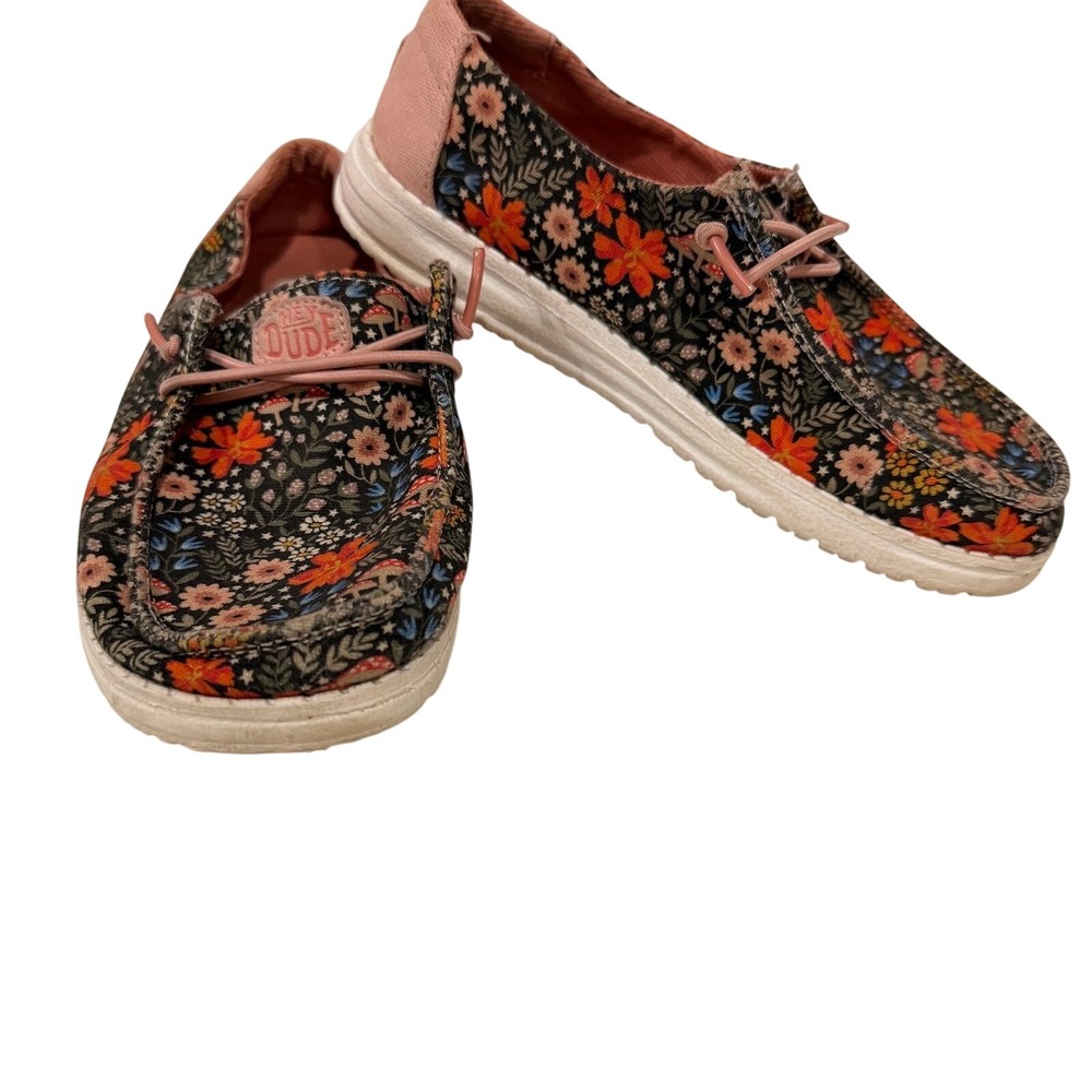 Hey Dude Wendy Forager Black Floral Mushroom Slip On Loafers YT2 Youth 2 Kids